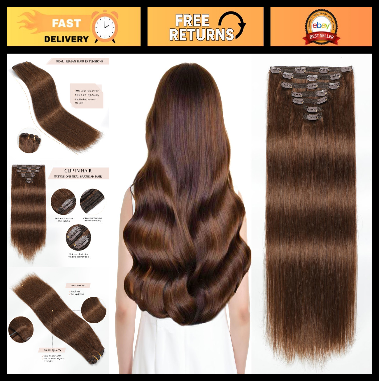 18 Inch Clip-In Hair Extensions, 150g Real Human Hair, Chocolate Brown, Soft Str