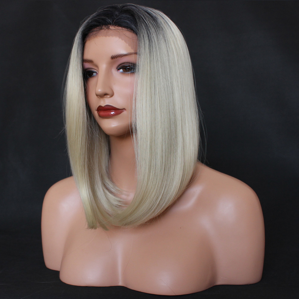 Brazilian Ombre Color Synthetic Lace Front Wigs Short Bob #1b/Gray Full Hair Wig
