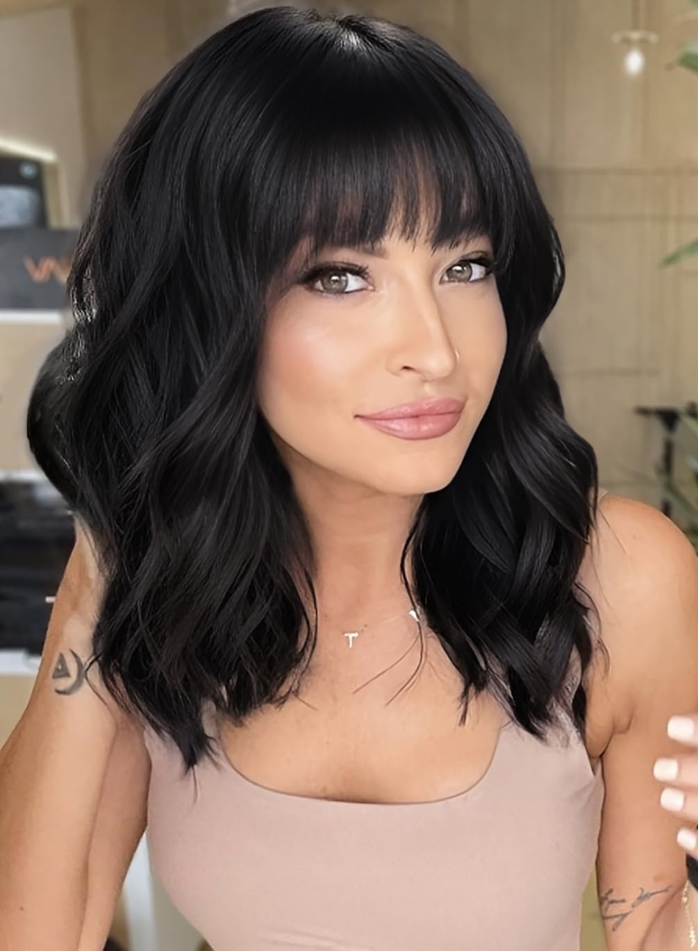 AISI HAIR Bob Curly Wig Synthetic Short Black Wig with Bangs Natural Looking Hea