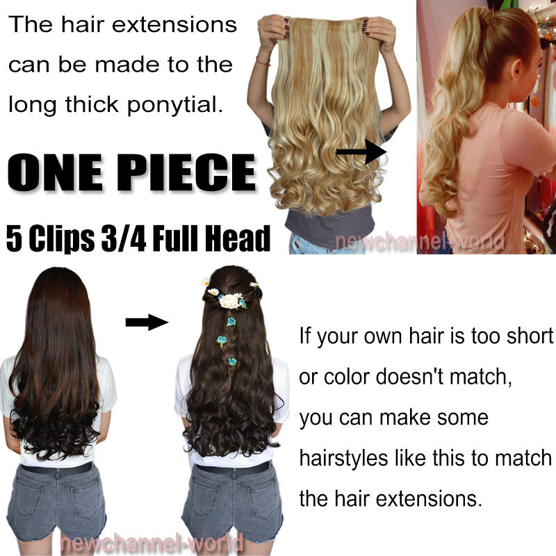 One Piece V-shape Wavy Curly Clip in Hair Extensions 5Clips Hairpiece Full Head