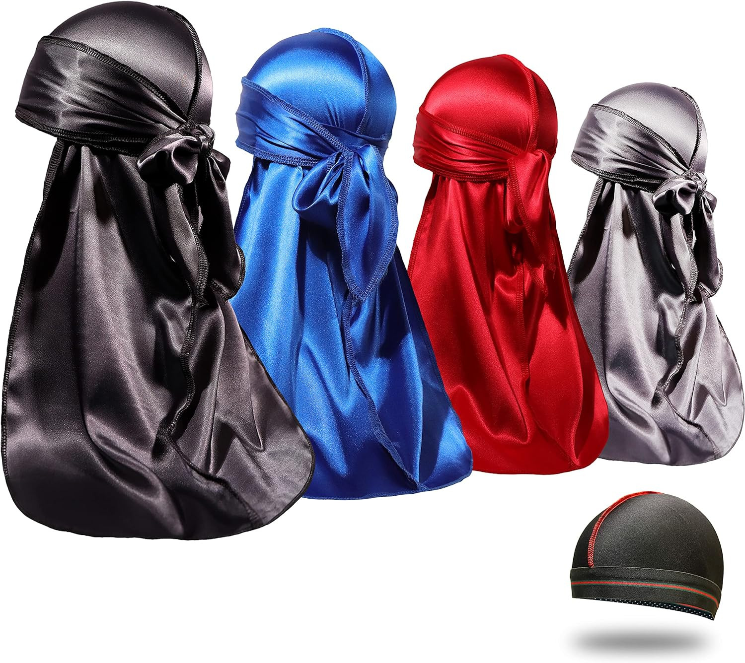 4PCS Silky Durags for Men Women 360 Waves with 1 Wave Cap, Silky Satin Durag Ext