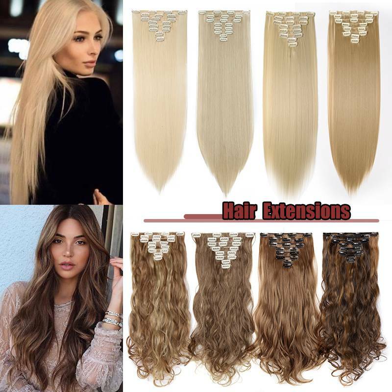 US 8Pieces Clip In Hair Extensions Full Head 100% Natural As Human Wavy/Straight