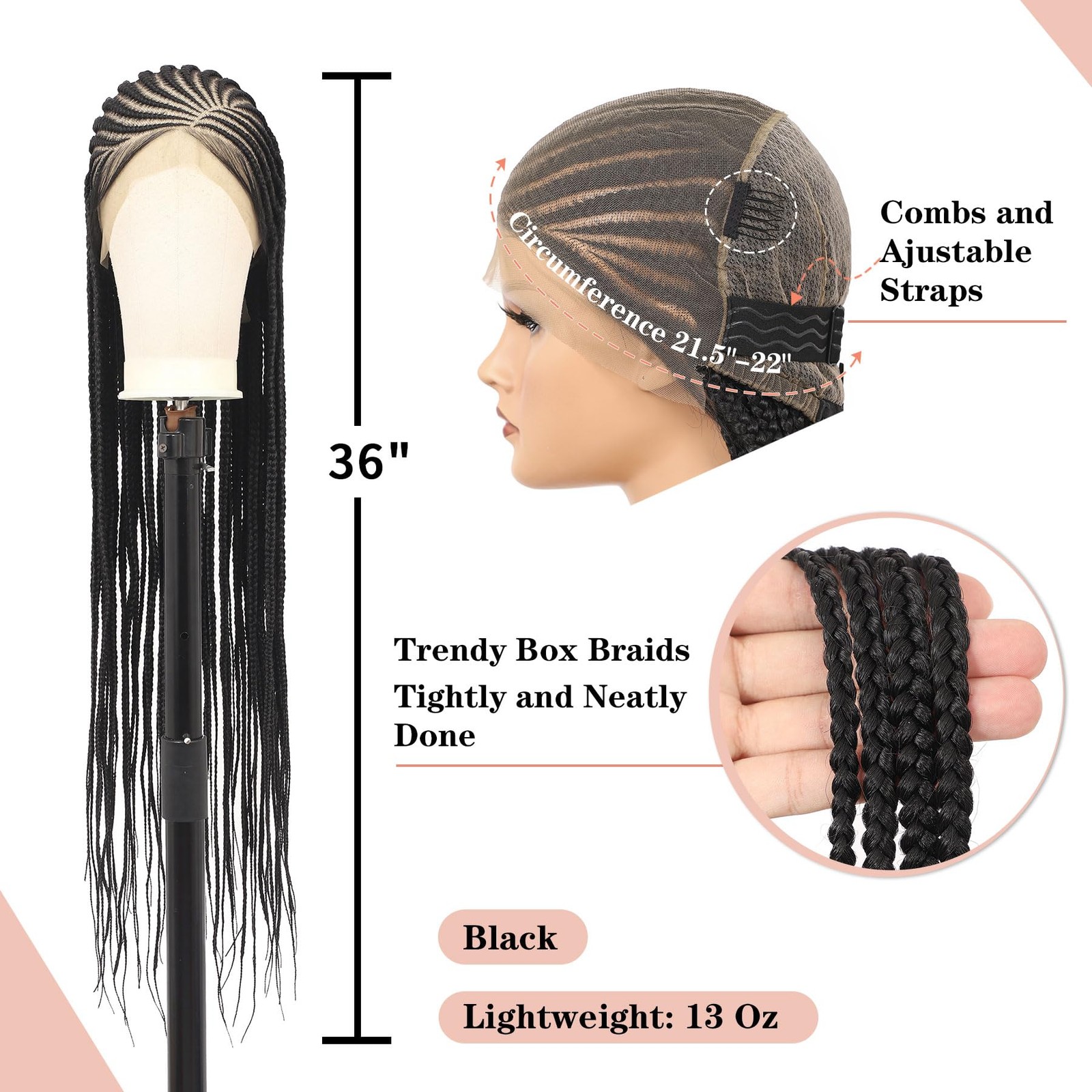 Lexqui 36 Inch Cornrow Braided Wigs Braid Wig 13X8 Hd Lace Front Braided Wig