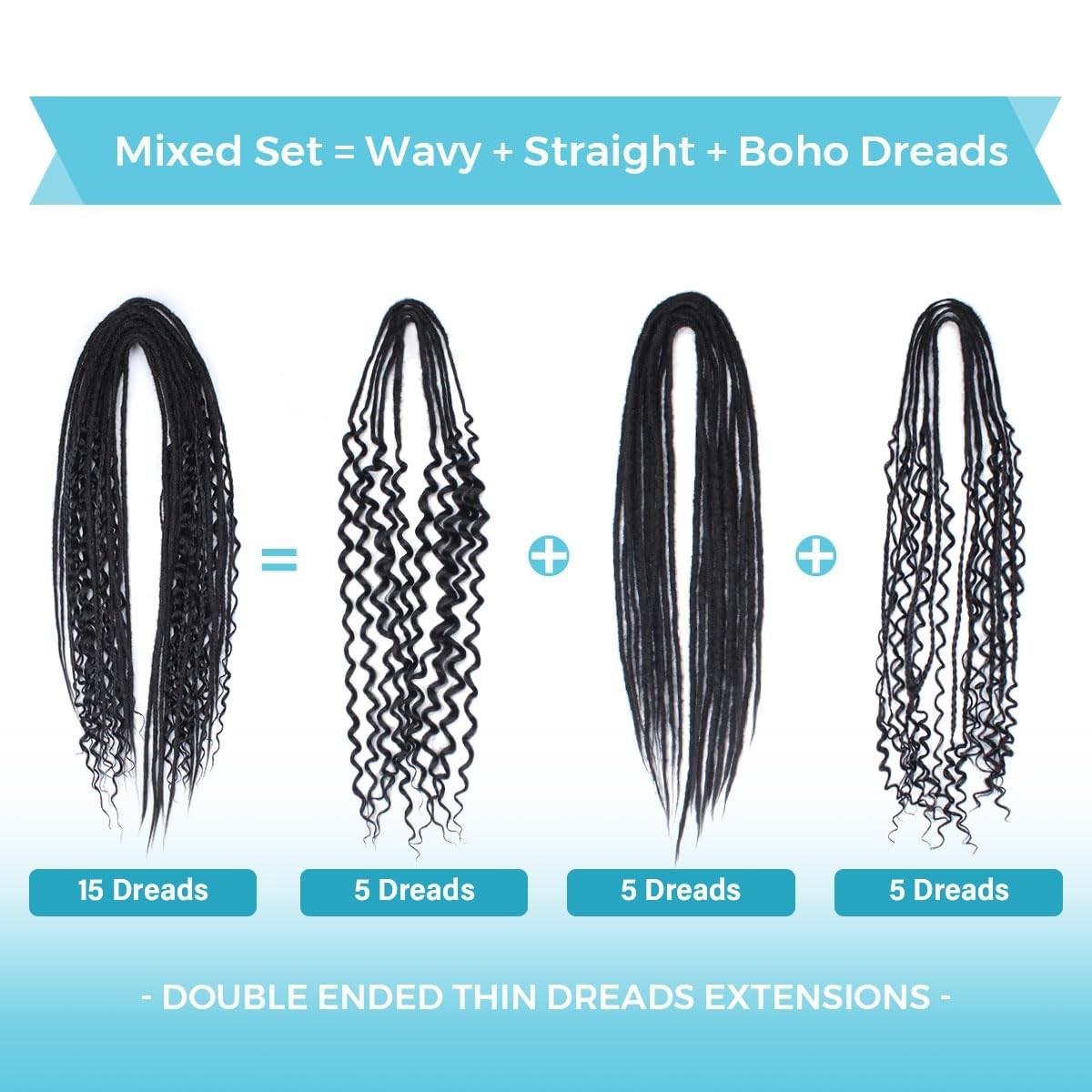 Double Ended 3 in 1 Dreadlock Extensions, 24 inch 15pcs Black Mixed Dreads Exten