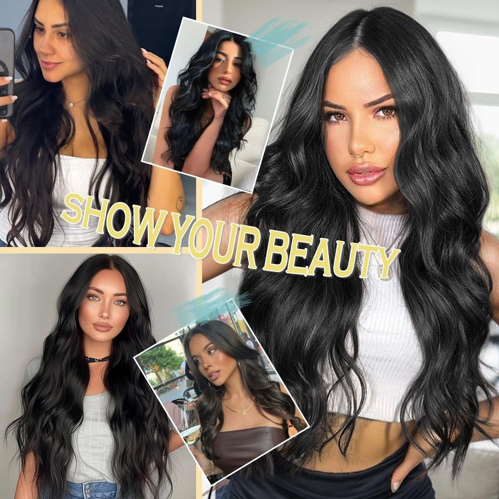 Synthetic Lace Front Wig 26 Inch Black Wig for Women 13x4x1 T-Part Long Wavy …