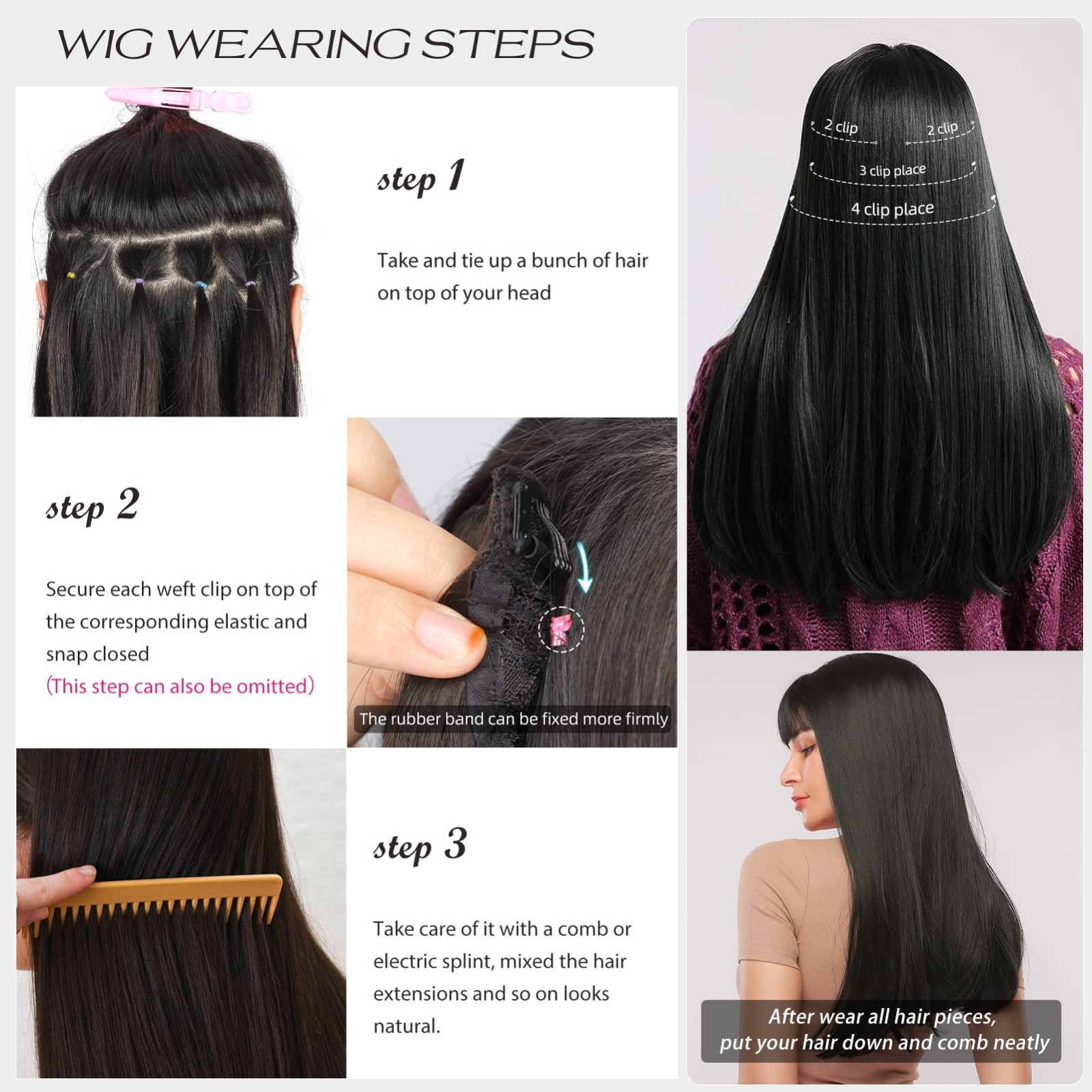 20″ Dark Brown-Black Clip-In Hair Extensions, Soft & Thick, 4pcs for Women