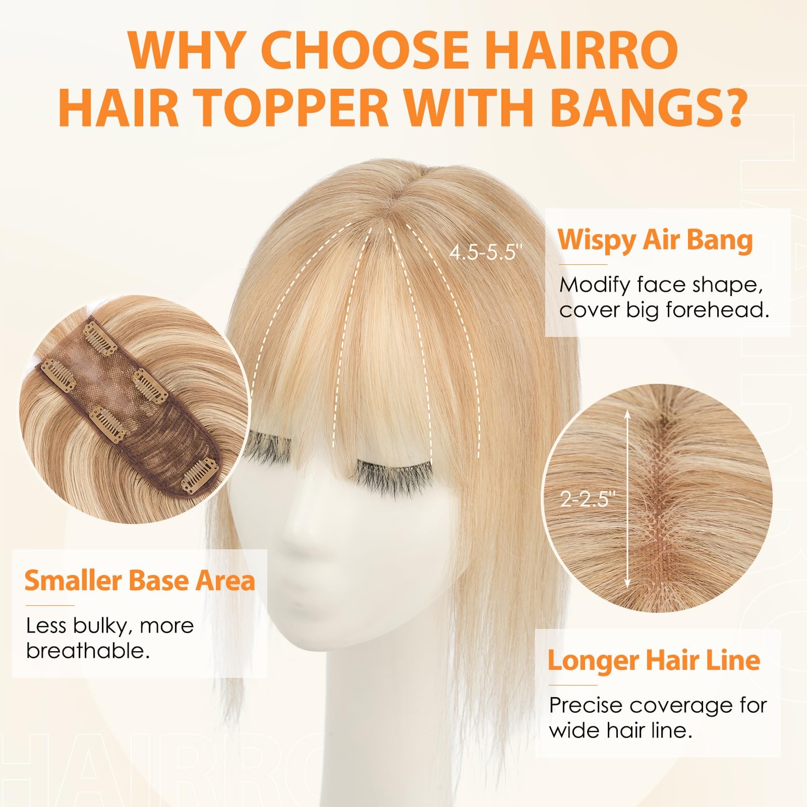 Hairro Human Hair Toppers For Women Wispy Air Bangs 3D Cover Remy Top Hair