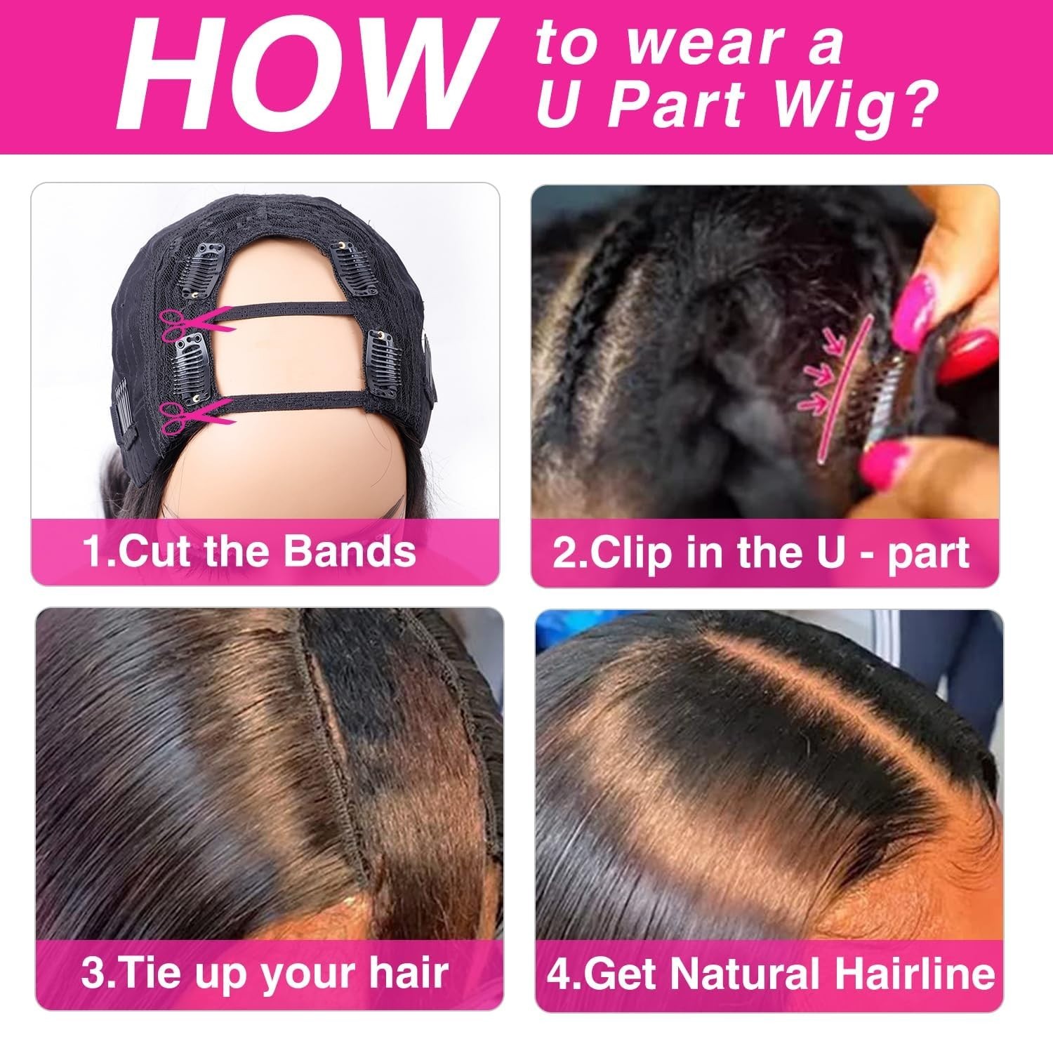 20 Inch U Part Wig Human Hair, Straight Drawstring Glueless Wear & Go, 200% Dens