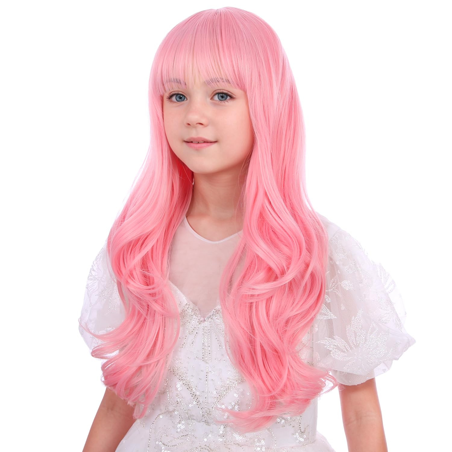 Kids Pink Wig with Bangs Child Pastel Pink Wigs Girls Long Curly Wavy Wig Kid Da
