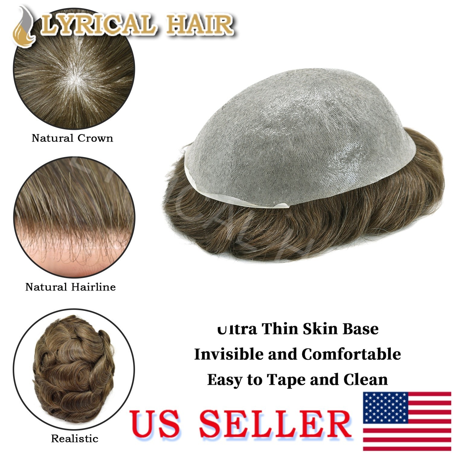 Ultra Thin Full PU Mens Toupee Human Hair Skin Base Replacement Hairpiece System