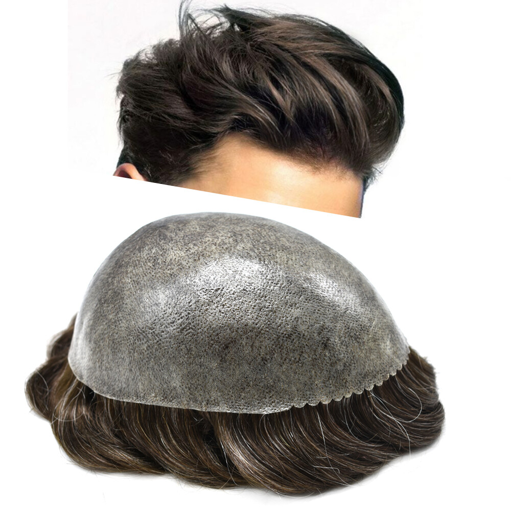 Mens Hair Replacement System Full Poly Thin Skin Toupee Units Human Hair Piece U
