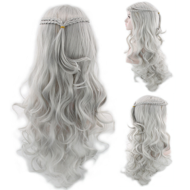 Women’s Wavy Curly Wig Long Ladies Hair Fluffy Wig Grey Blonde Wigs+Wig Cap