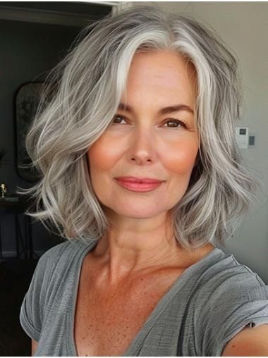 Gray Wig with White Blonde Highlight Wigs Remy Human Hair Lace Wigs 21.5inch Cap
