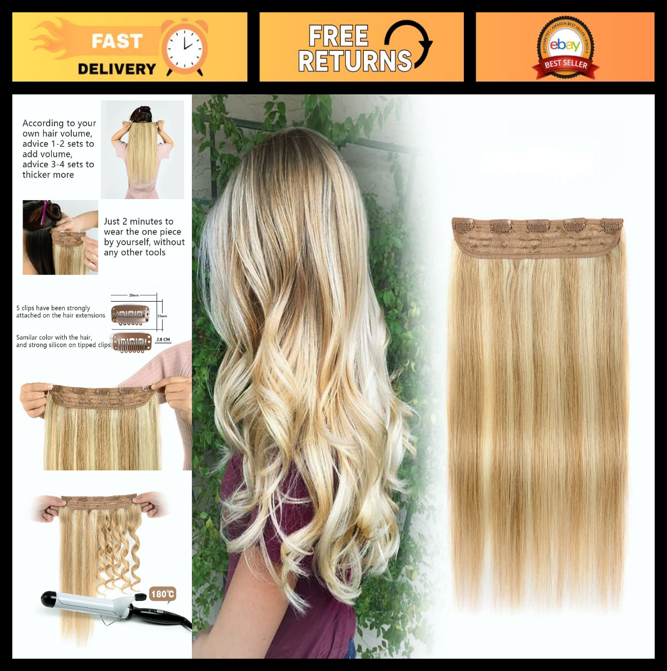 Real Human Hair Clip-In Extensions – Brown & Blonde Highlights, 70g, 14″ Length