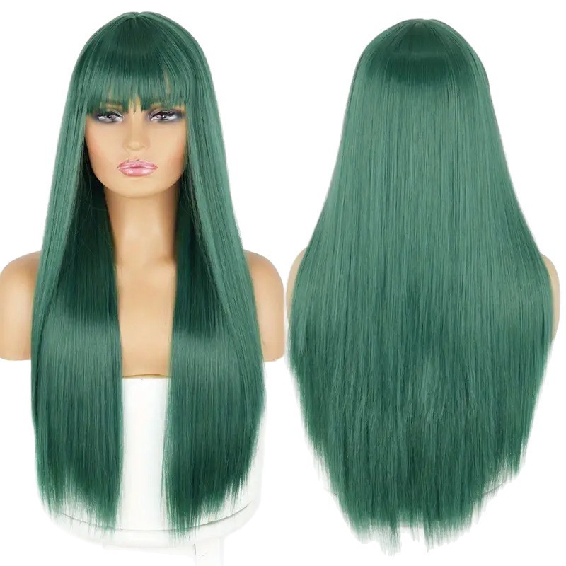 Long Straight Wig With Bangs For Women Multi Color Heat Resistant Synthetic