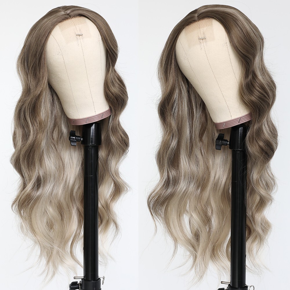 Women Synthetic Wigs Ombre Blonde Highlights Full Head Long Wavy Heat Resistant
