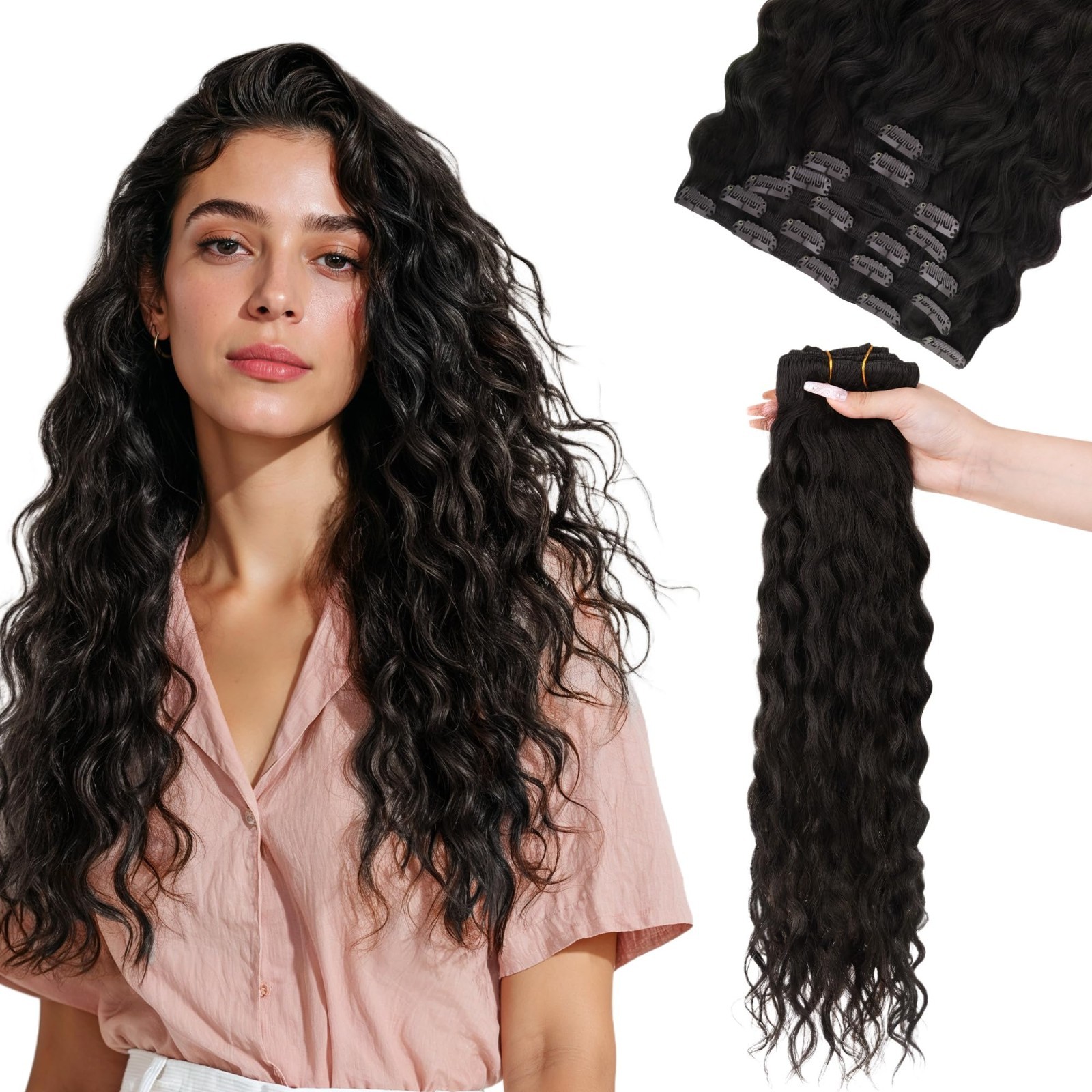 Curly Clip-In Hair Extensions 18″ 120g 7Pcs Real Human Hair, Natural Black, Wome