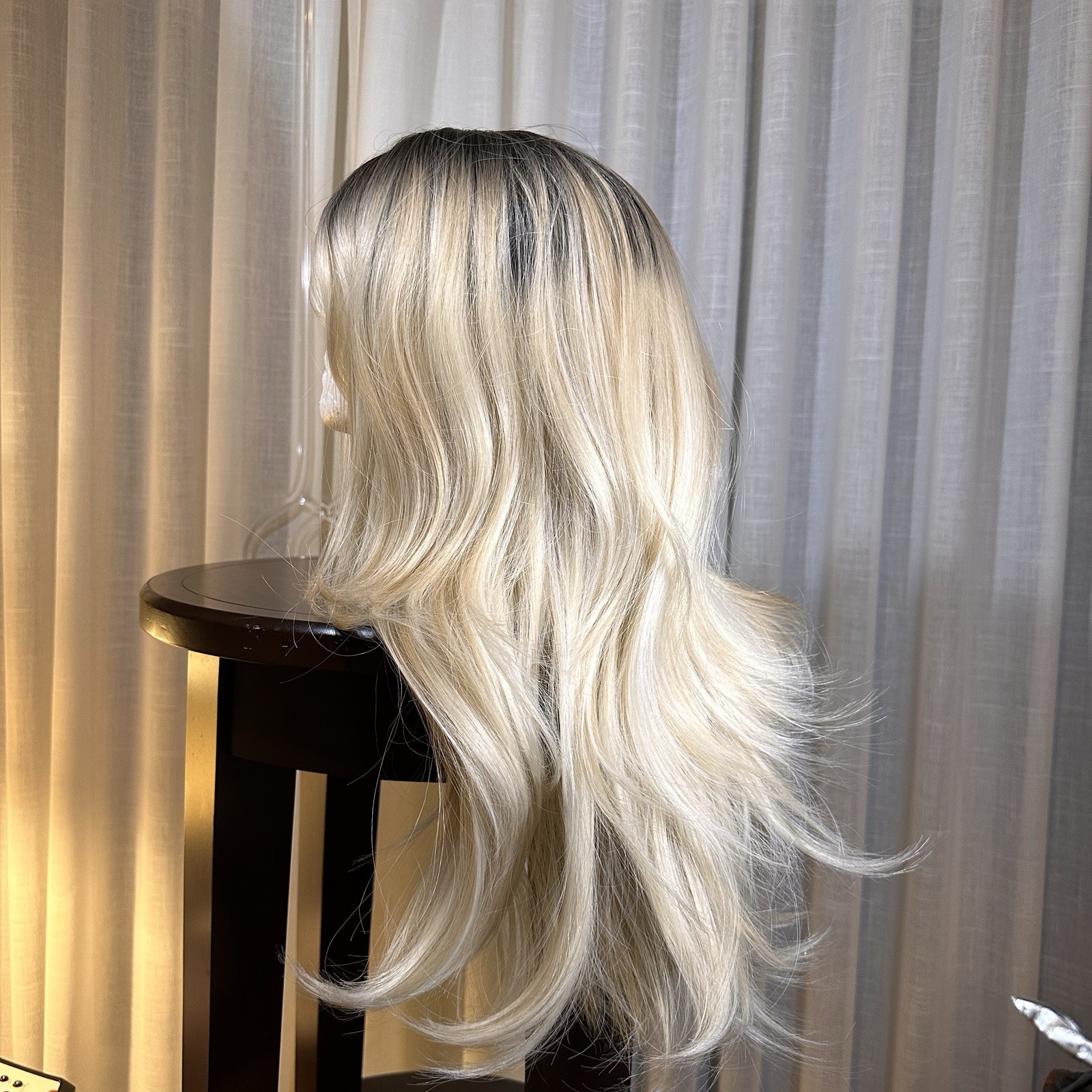 Blonde Ombre Wig Dark Roots Long Layered Synthetic Wig Natural Style