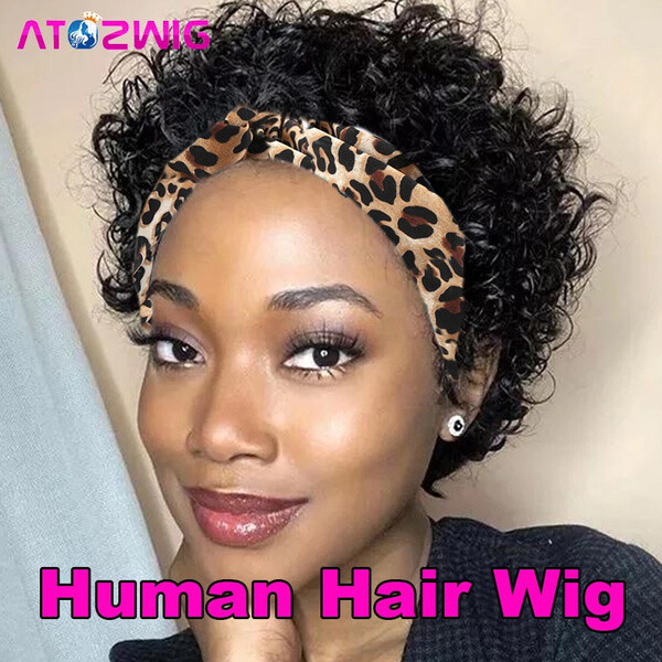 Short Curly Headband Wig 100% Human Hair Pixie Cut Wigs for Black Women Daily