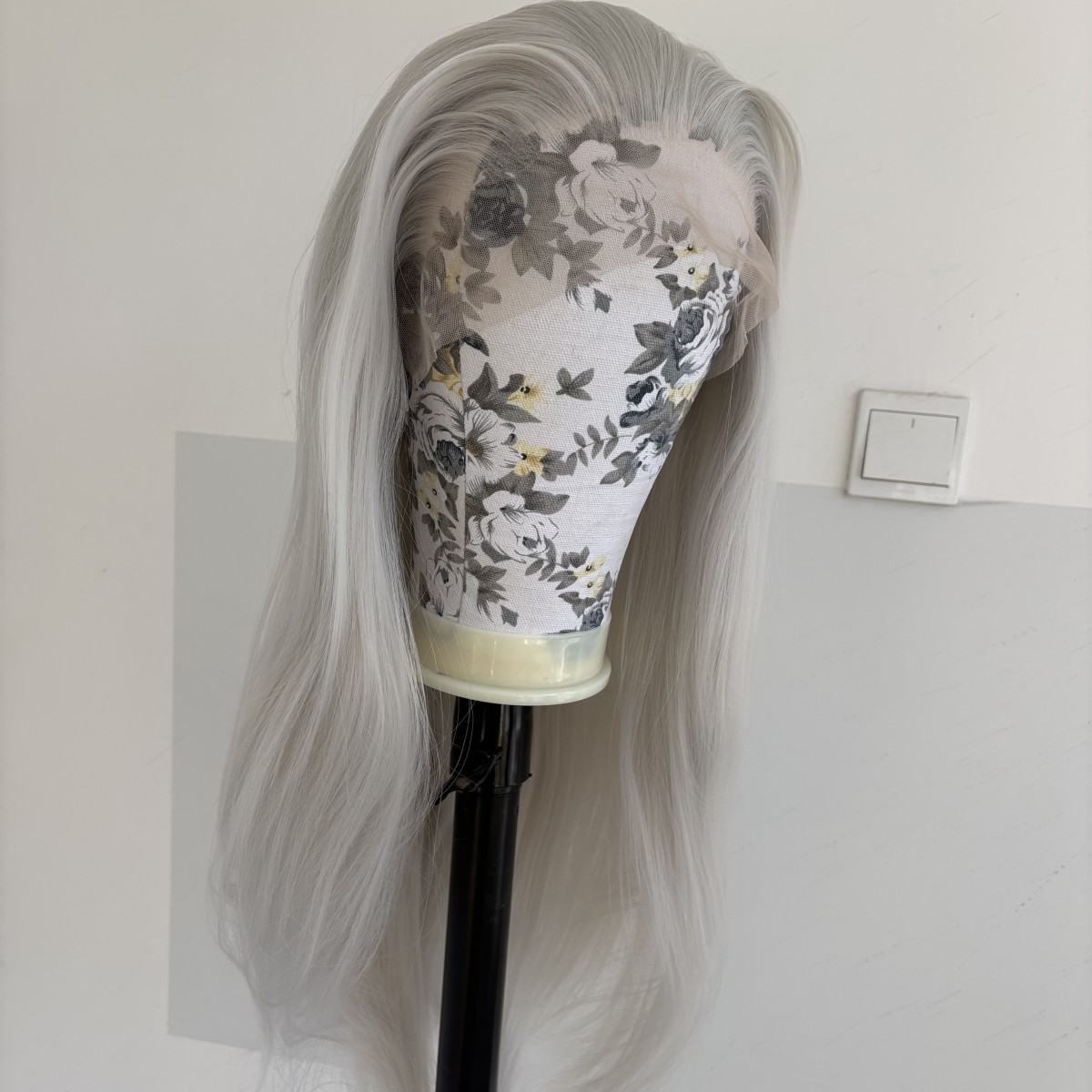 Pre Plucked Synthetic Hair Silver Long Straight Lace Frontal Wig Natural