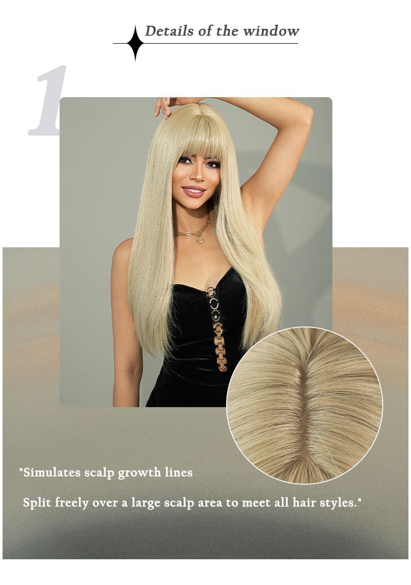 Grey Blonde Wig Long Straight Hair Daily Synthetic Fur Fake Hair Full Head Cover