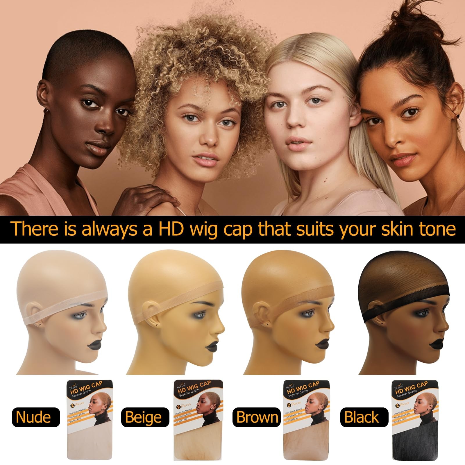 BEEOS Dark Brown Skinlike HD Wig Cap for Women, Cap, 4 PCS