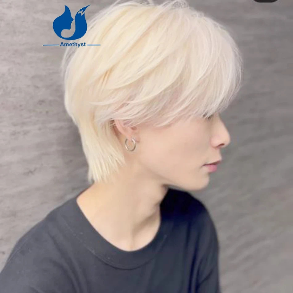 Men’s White Platinum Wolf Cut Short Bob 13×4 Lace Front Wig Human Hair Layered