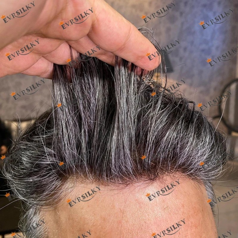 1B65 Grey Lace Front 100%Human Hair Men Toupee Q6 Breathable Swiss Lace& PU Base
