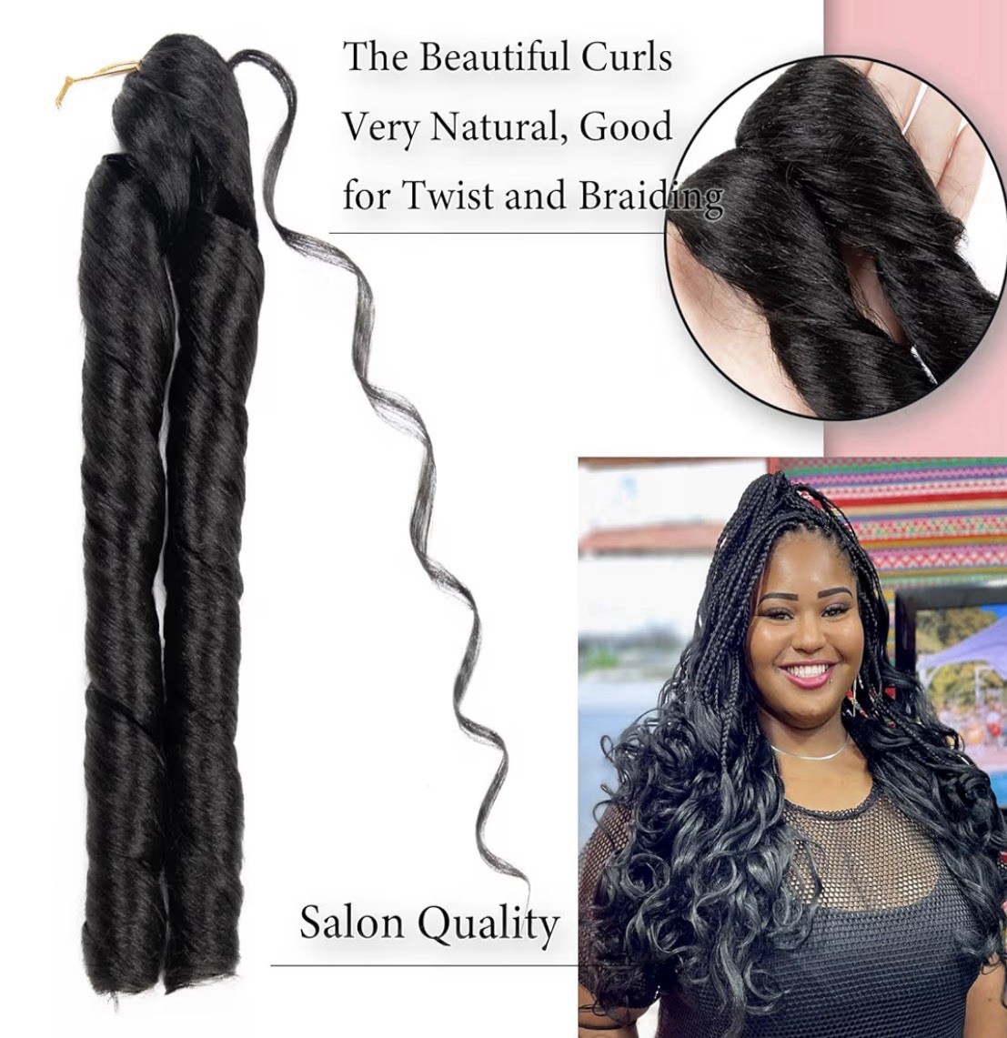 24” French Curl Braiding Hair Boho Crochet Extensions Soft Bouncy Black
