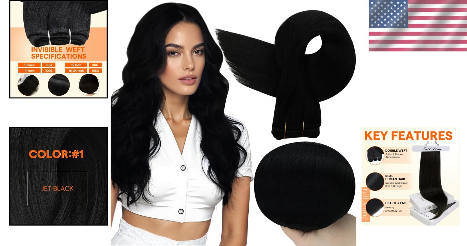 Long Straight Human Hair Weave – 20″ Jet Black Extensions