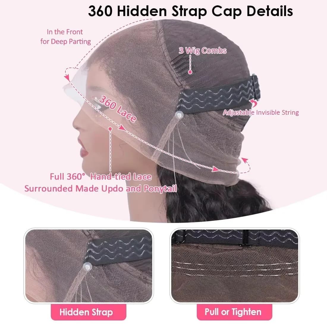 Caijuxing Water Wave 360 Glueless Lace Front Wigs Human Hair Invisi Strap Hd