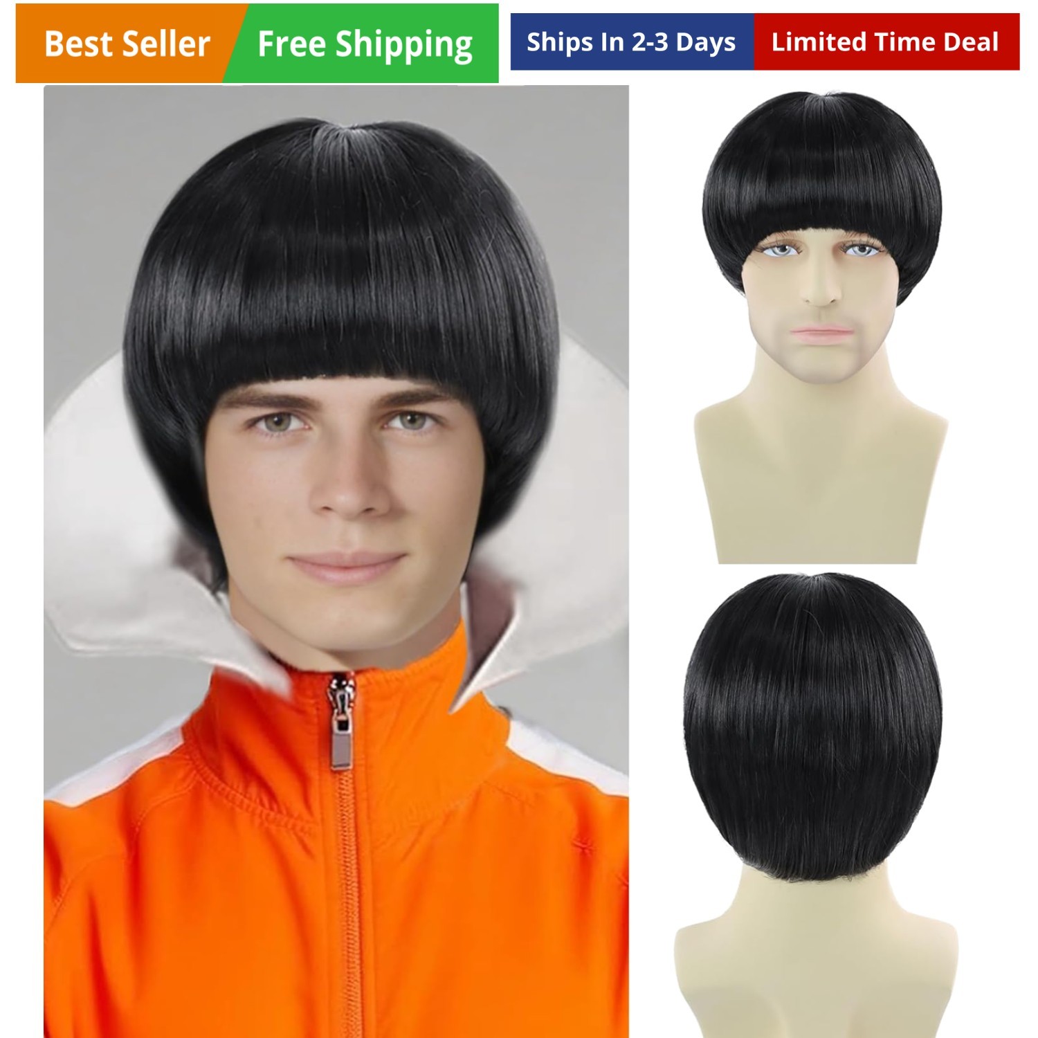 Black Mushroom Wig for Men Women Unisex Synthetic 60s Bowl Cut Wig with Bangs…