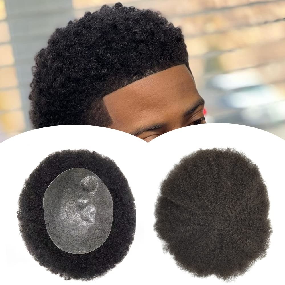 Afro Toupee For Black Men Kinky Curly All 100% HumaHair Replacement System Wigs