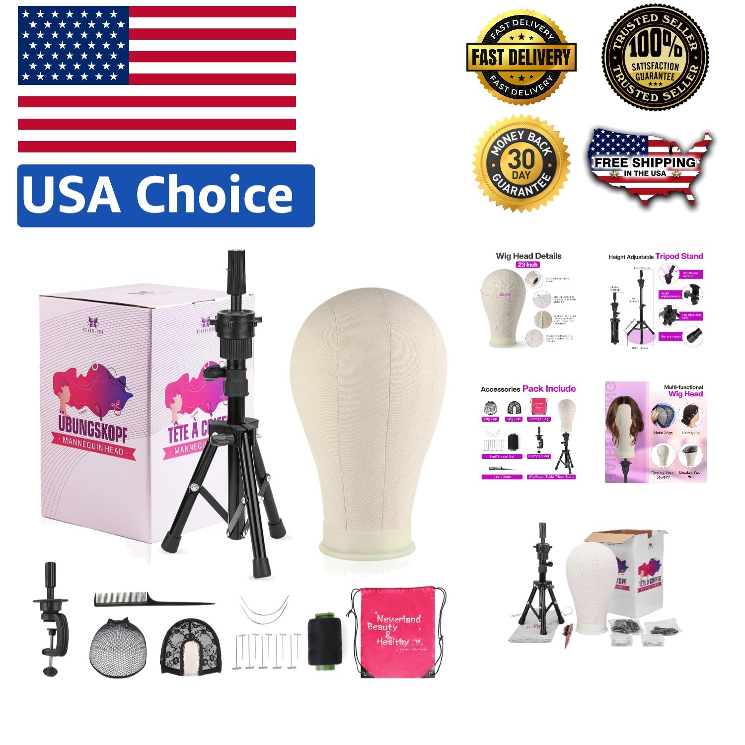 Complete Wig Making Kit: 23-Inch Canvas Head with Tripod & Styling Accessories