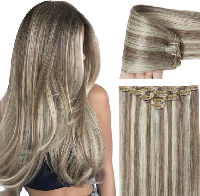 5pcs Ash Brown Platinum Blonde Clip in Human Hair Extensions 22” Remy Straight