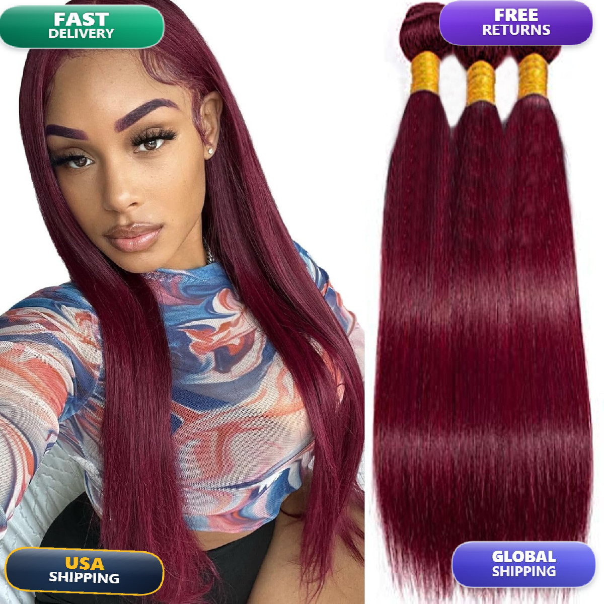 Xddnamei Brazilian Virgin Human Hair Bundles 99J-Burgundy-Straight Wave Bundles