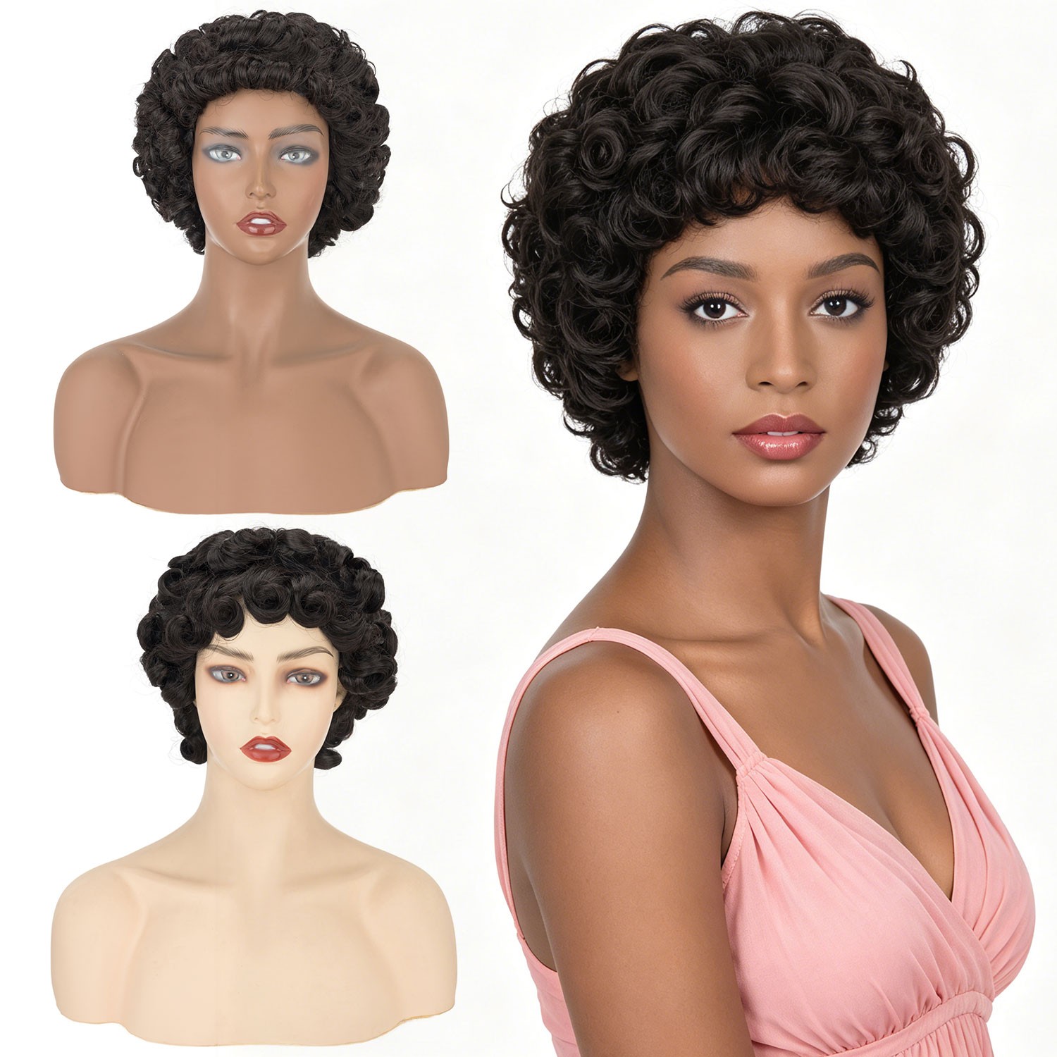 Fluffy HUMAN Hair Wig Womens Human Hair Short Curly Wavy Hair Wigs Rose Net 10in