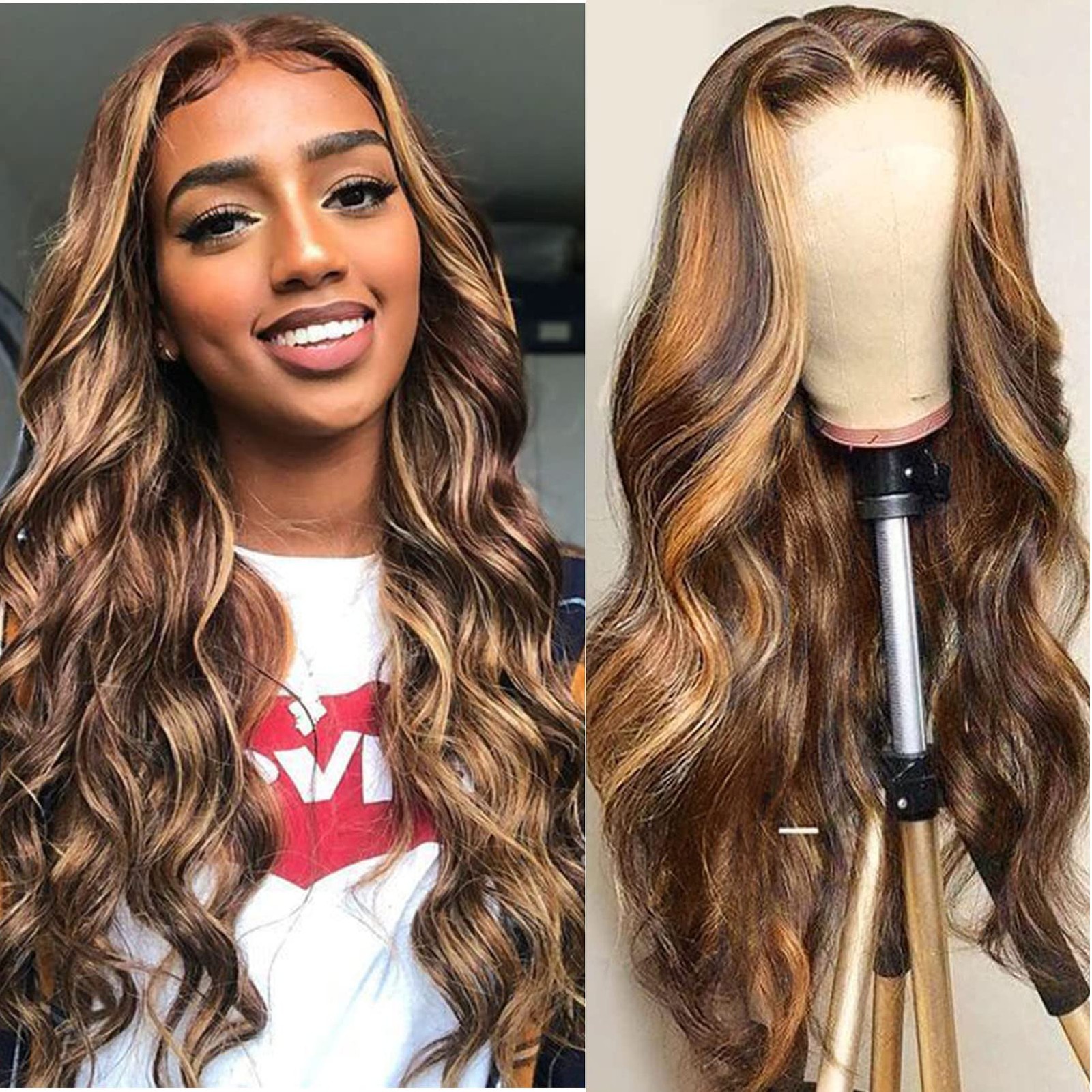Highlight Ombre 13×4 Lace Front Wig Human Hair Pre Plucked 4/27 Colored Honey…