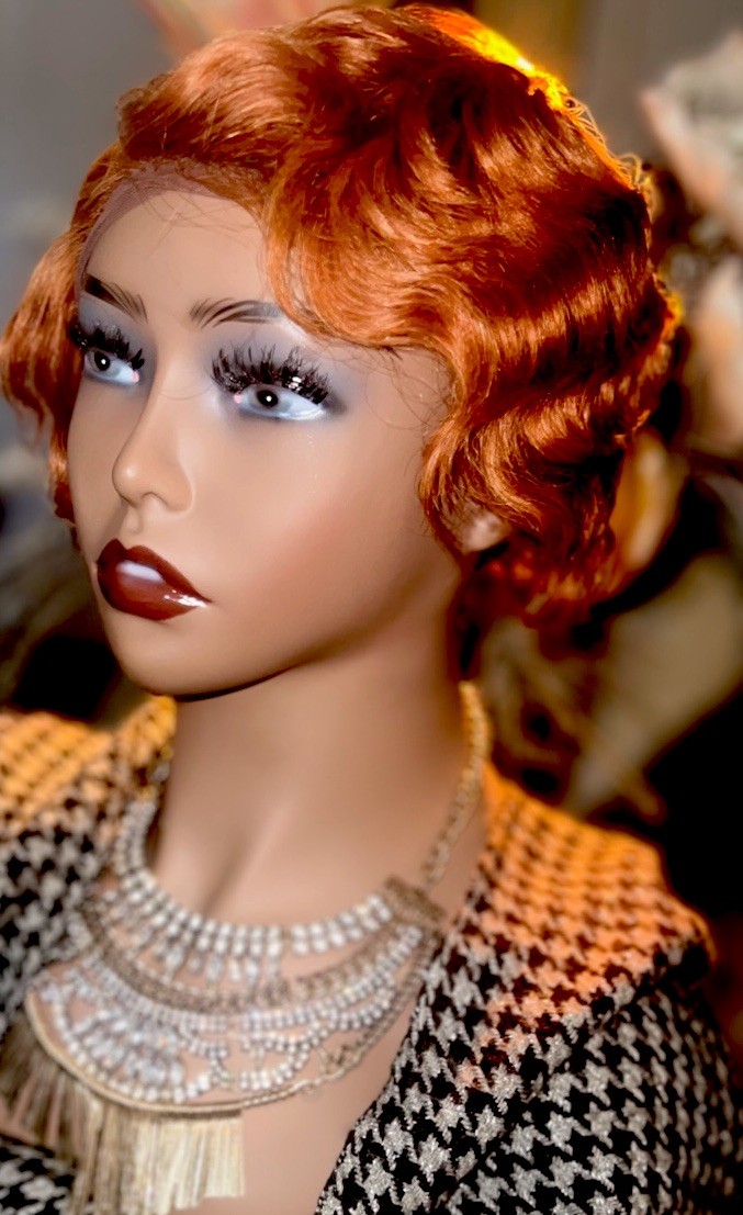 LACE 100% HUMAN HAIR WIG GINGER COLOR FINGER WAVE LIGHT DENSITY 6” PARTING NEW