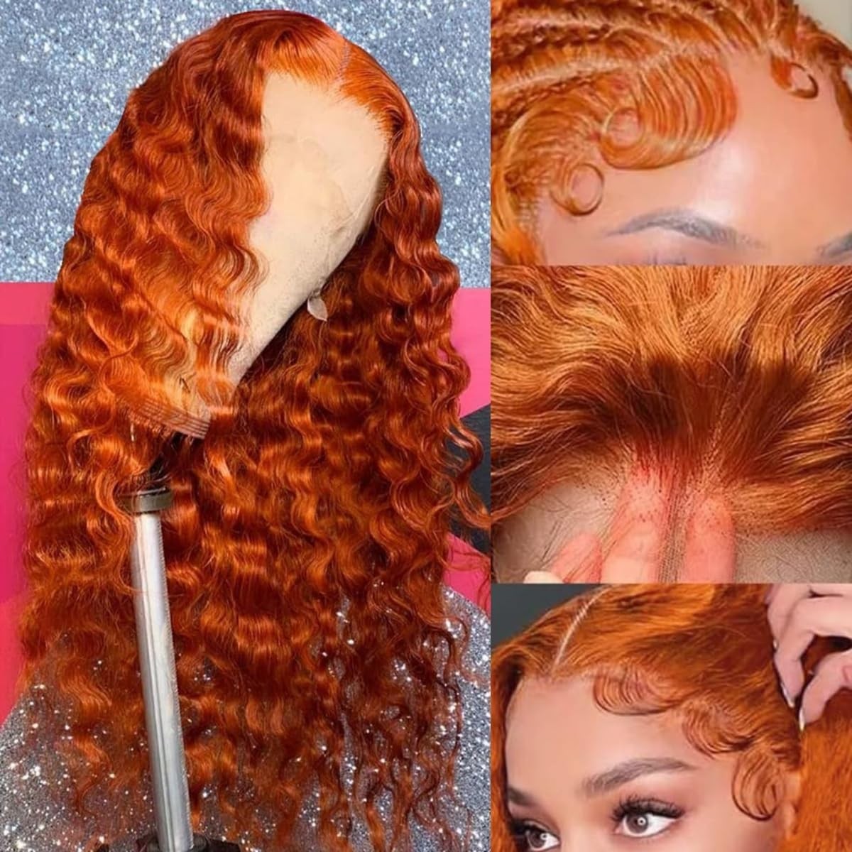 30″ Ginger Human Hair Wig – 13×6 Deep Wave Lace Front, 200 Density Curly Orange,