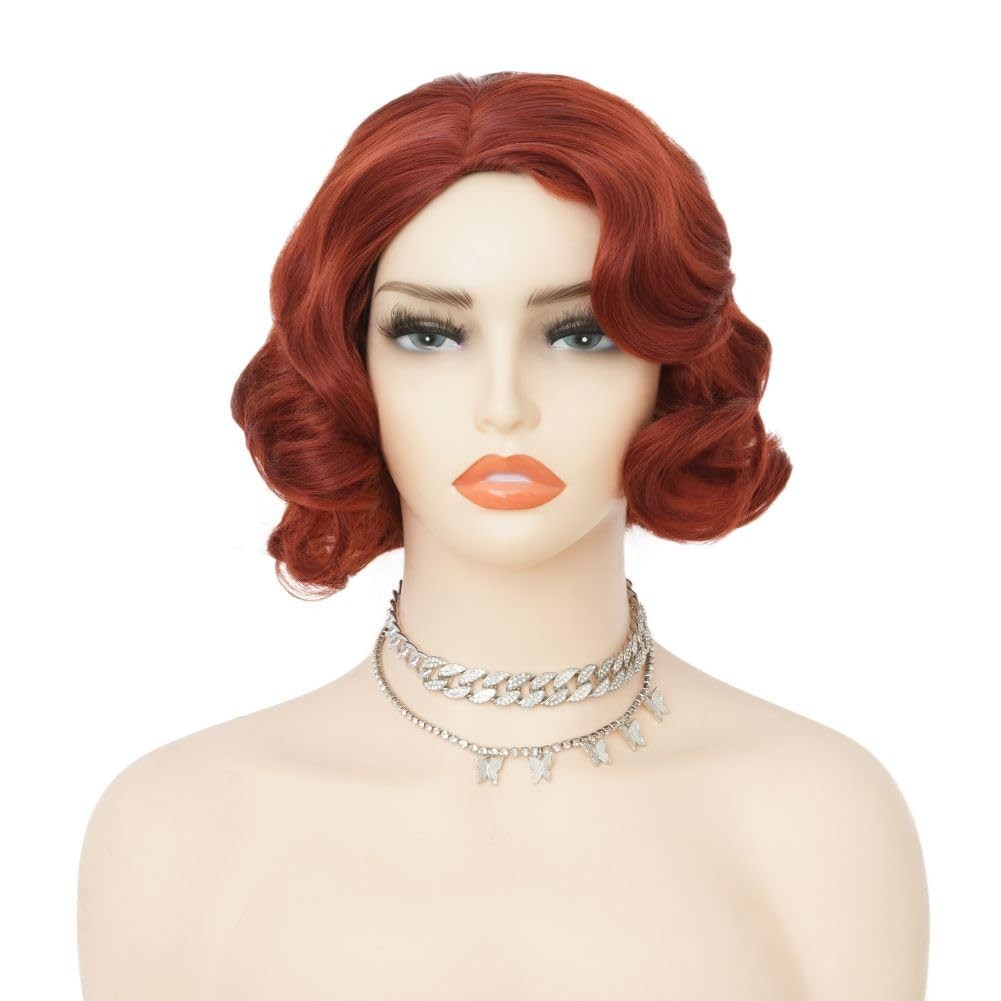 Short Red 1920s Style Synthetic Finger Wave Natural Looking Women’s Wig