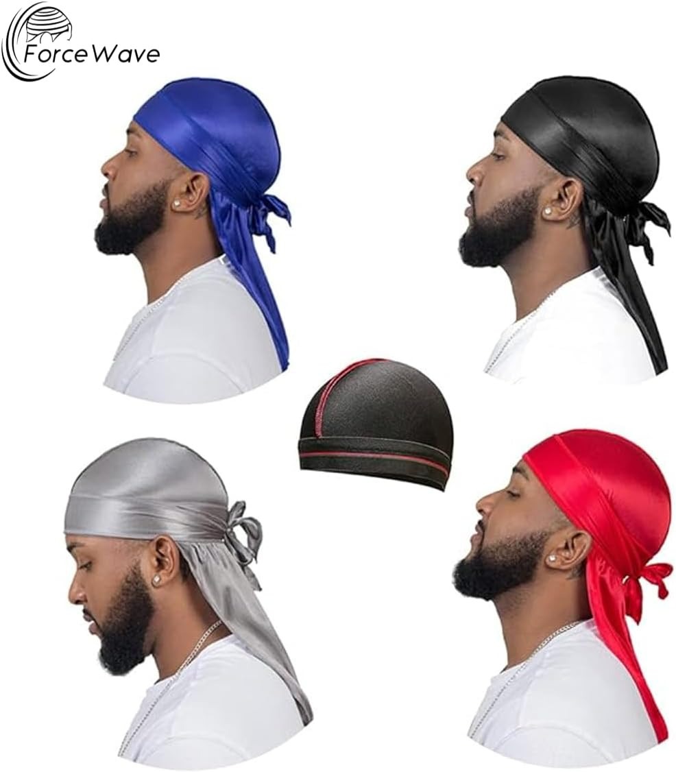 4PCS Silky Durags for Men Women 360 Waves with 1 Wave Cap, Silky Satin Durag Ext