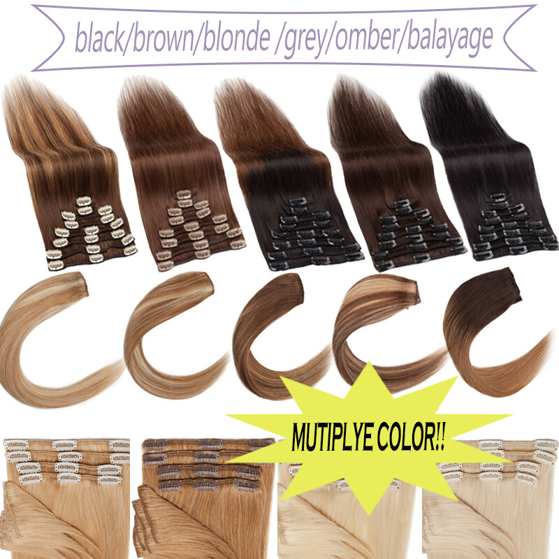 100% Real Remy Human Hair Extensions Invisible Clip in 8pcs Full Head Ombré Hair