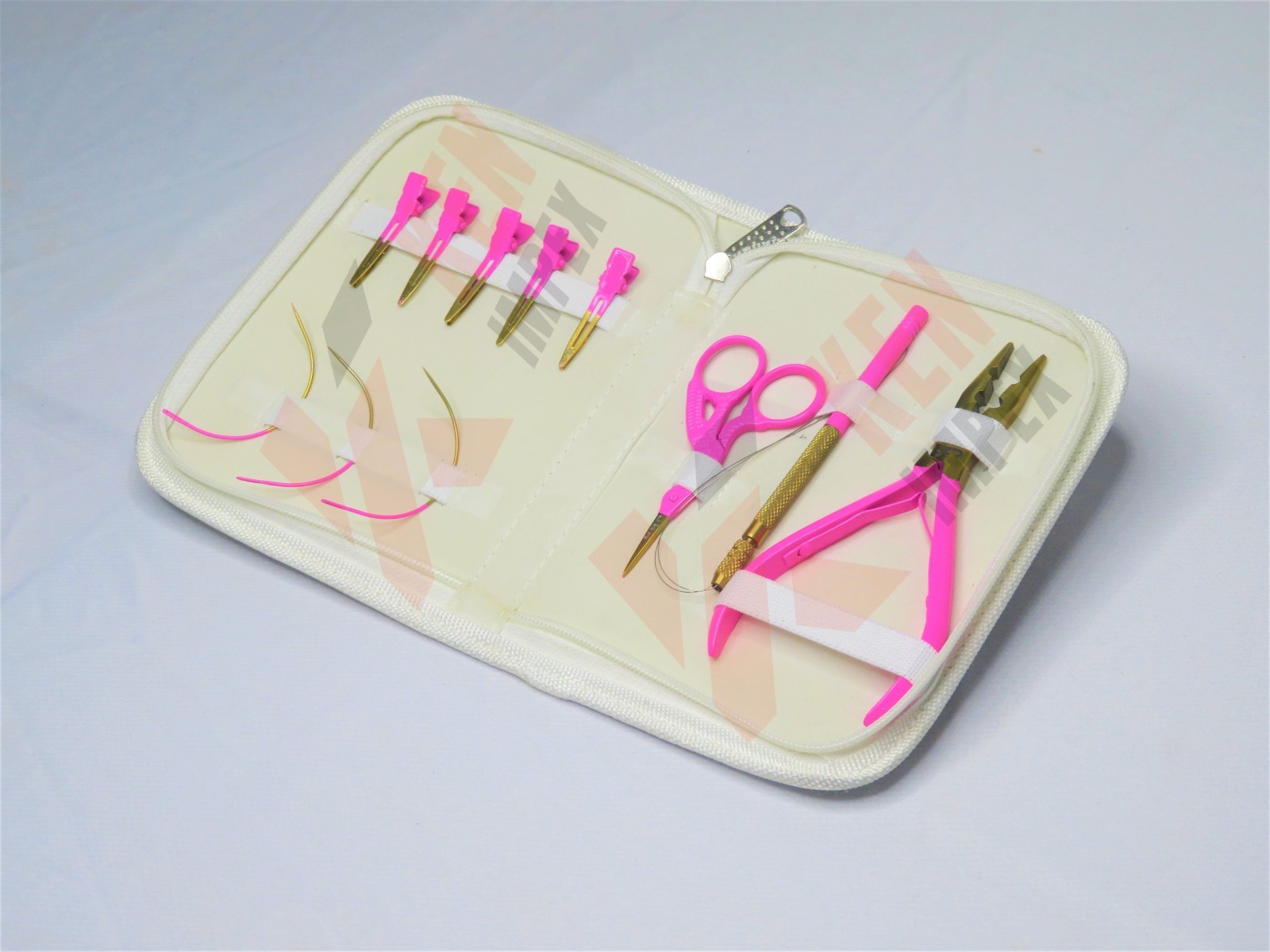 Mini Hair Extension Tools White PVC Leather Kit Case in Hot Pink & Gold Plasma