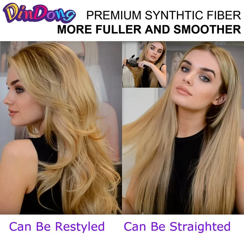 Clips In 24 Inch Blonde Synthetic Long Wavy 3/4 Half Wig Hairpieces For Women