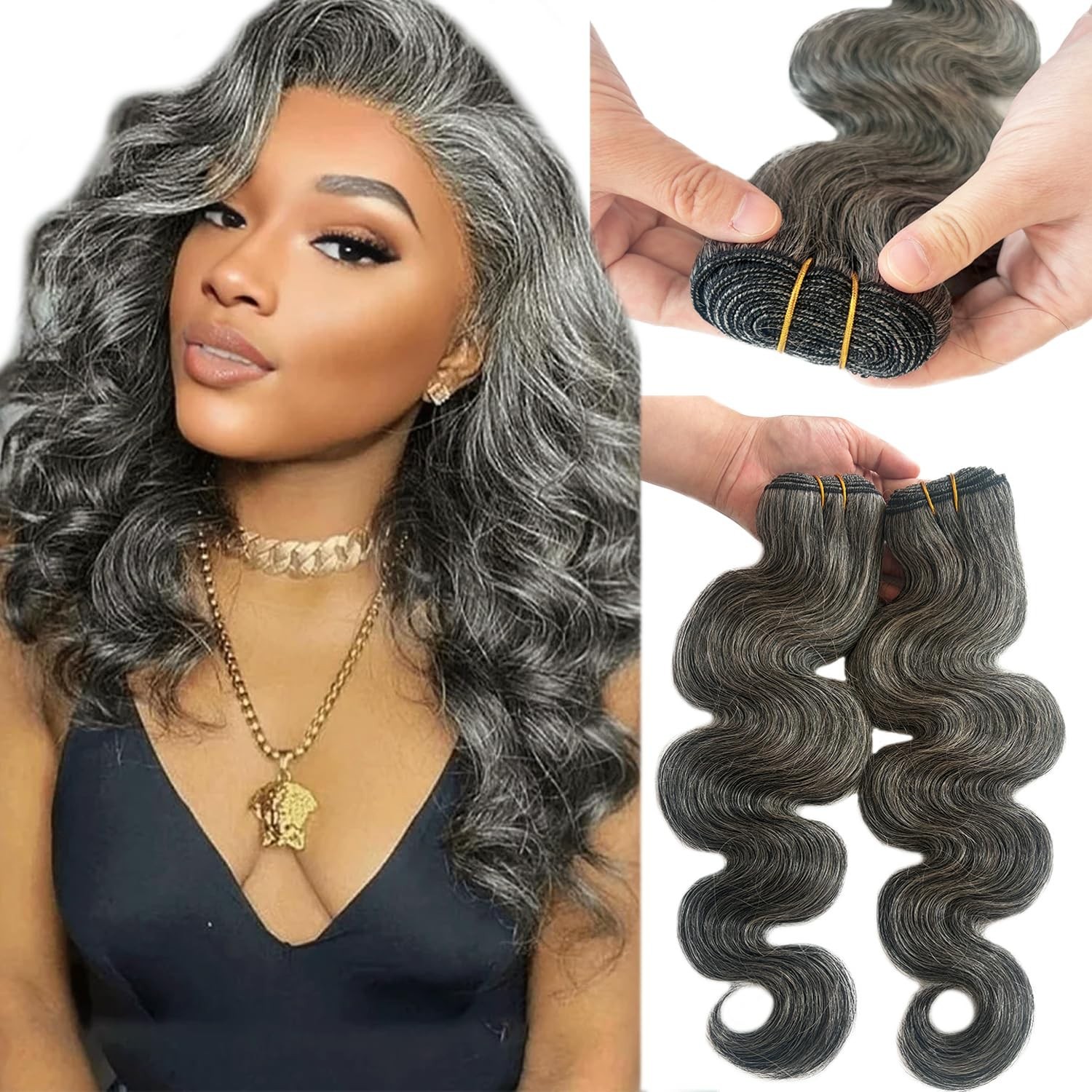 12 Inch Salt & Pepper Grey Sew-In Hair Extensions, Body Wave Remy Weft Bundles f