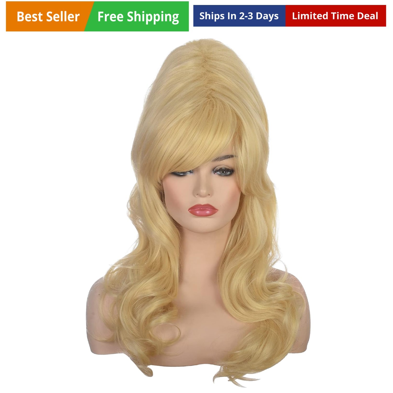 Women Blonde Beehive Wig Long Curly Wavy Bouffant Heat Resistant Synthetic Ha…