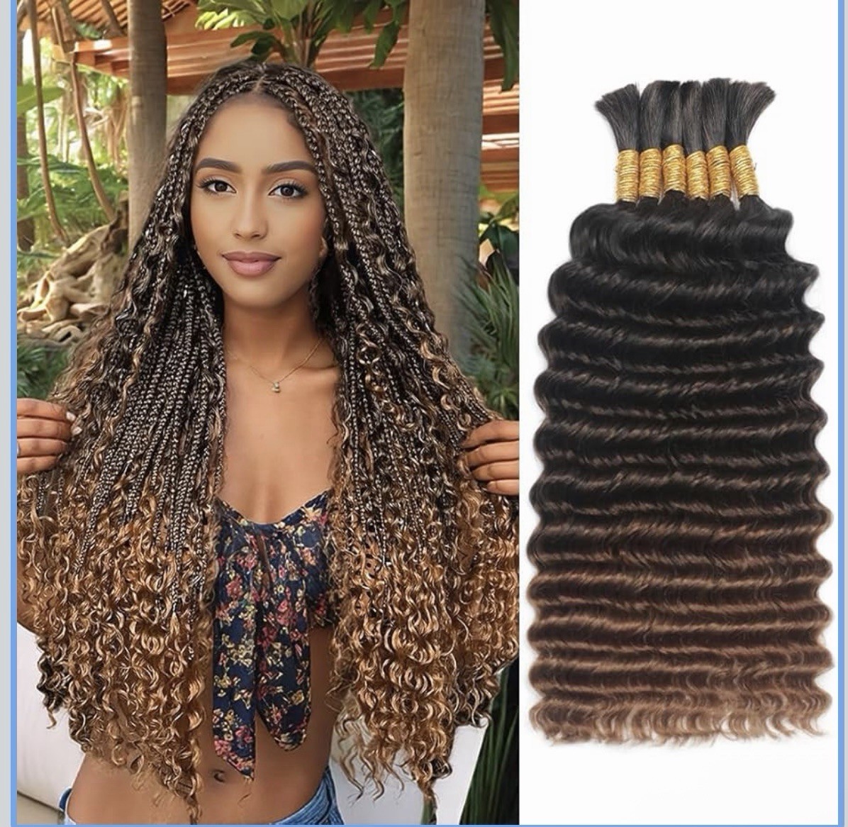 Deep Wave Ombre T30# Human Hair Bulk Extensions, 14-24in, 6 Bundles, 150g