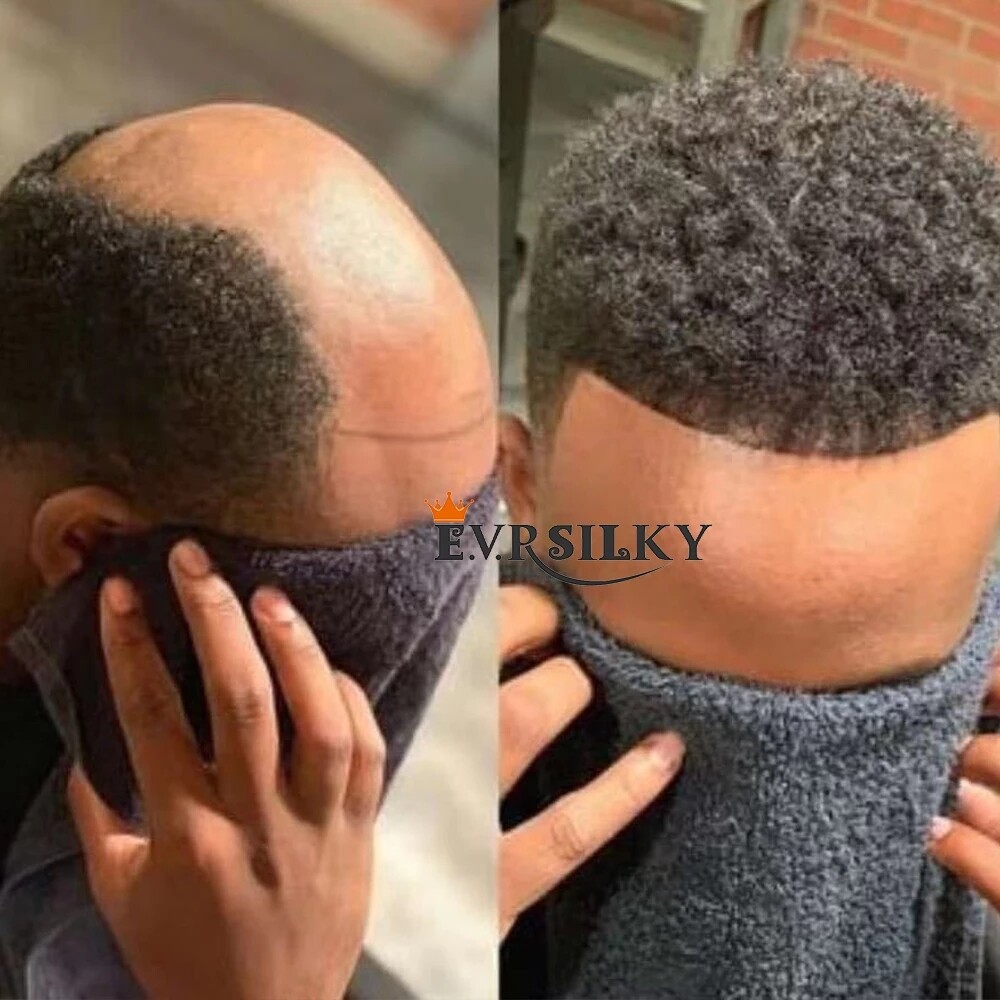 Afro Curl Mens Toupee Full Poly Skin Pu Black Man Wig Hair System Replacement
