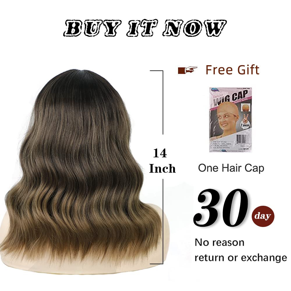 Short Bob Wavy Wig for Women Lace Front Wigs Ombre Brown Synthetic Wig Middle Pa